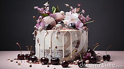 Beautiful cream cake with cherries, chocolate dusting and edible flowers Stock Photo