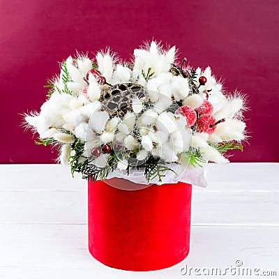 Beautiful creative decorative winter bouquet with berries, cotton wools and pine branches on the box on red background Stock Photo