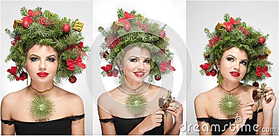 Beautiful creative Xmas makeup and hair style indoor shoot. Beauty Fashion Model Girl. Winter. Beautiful fashionable in studio Stock Photo