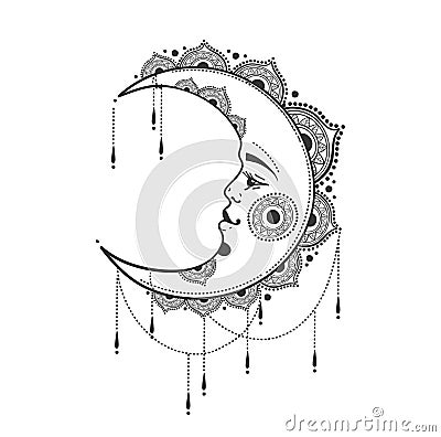 Beautiful crescent moon with face, jewelry and mandala ornaments, boho design, tattoo. Linear hand drawing isolated on white Stock Photo