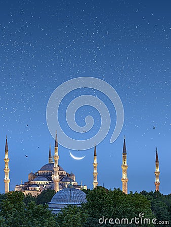 Beautiful crescent moon over Blue Mosque in Istanbul, Turkey Stock Photo