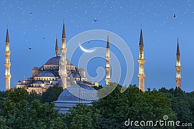 Beautiful crescent moon over Blue Mosque in Istanbul, Turkey Stock Photo