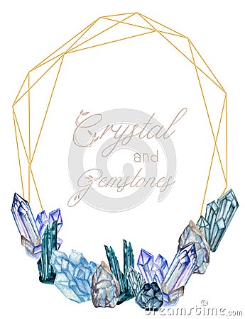 The beautiful Crystal and Gemstones of flower foliage leaves wreath frame bouquet Composition watercolor Gouache Hand Painted Stock Photo