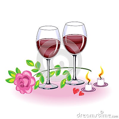 Beautiful crystal glasses with delicious red wine. Pink rose, candles and two red hearts. Romantic evening of lovers. Valentine s Cartoon Illustration