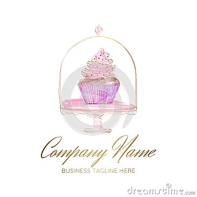 Beautiful Cupcake in Muffin Cake Holder. Watercolor Logo Vector Illustration