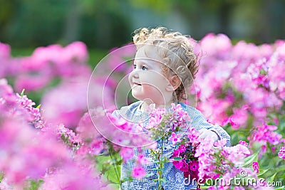Beautiful curly baby girl playing in the garden Stock Photo