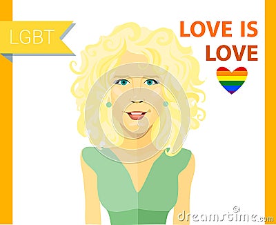 Beautiful curly blond girl with LGBT badge. Gays and lesbian couple vector illustration. Slogan love is love and rainbow Vector Illustration