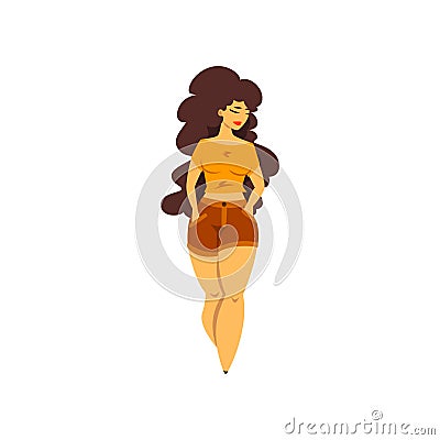 Beautiful curvy, overweight brunette girl with long hair, plus size woman pinup model vector Illustration Vector Illustration