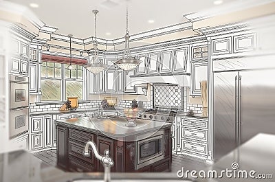 Beautiful Custom Kitchen Design Drawing with Ghosted Photo Behind Stock Photo