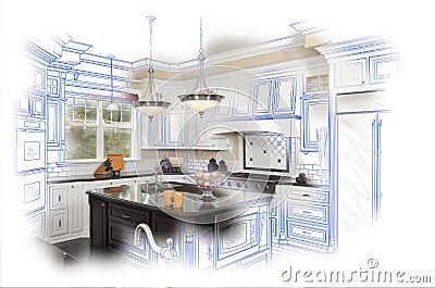 Beautiful Custom Kitchen Design Drawing and Photo Combination Stock Photo