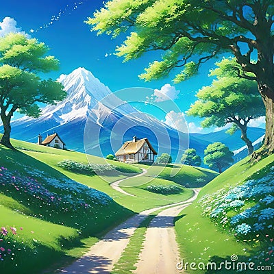 a beautiful cute anime landscape illustration with a small cottage and a long technology Cartoon Illustration