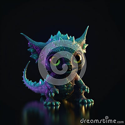 Beautiful Cute Baby Gremlin Shape In Green Purple Fire On Black Background Dazzling And Radiant. Generative AI Stock Photo