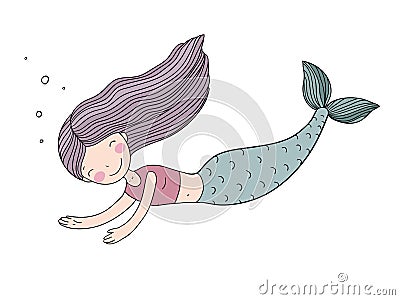 Beautiful cute cartoon mermaid with long hair. Siren. Sea theme. Vector Illustration