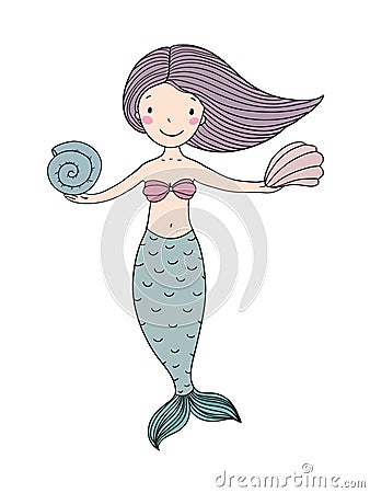 Beautiful cute cartoon mermaid with long hair. Siren. Sea theme. Vector Illustration