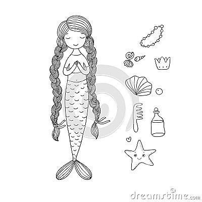 Beautiful cute cartoon mermaid with long hair. Siren. Sea theme. Vector Illustration