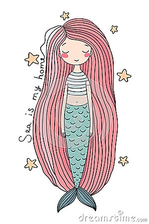 Beautiful cute cartoon mermaid with long hair. Siren. Sea theme. Vector Illustration