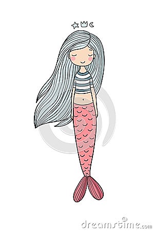 Beautiful cute cartoon mermaid with long hair. Siren. Sea theme. Vector Illustration