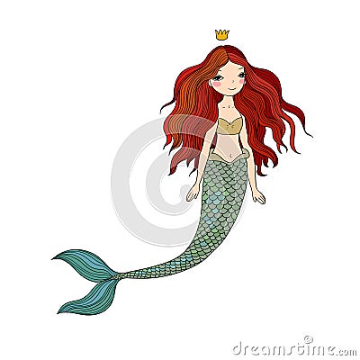 Beautiful cute cartoon mermaid with long hair. Siren. Sea theme. Vector Illustration