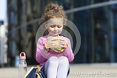 Beautiful cute child with appetite eating fast food, portrait. happy girl biting homemade sandwich. Stock Photo