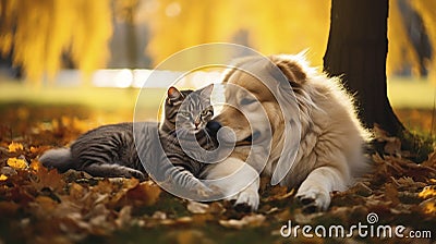 Beautiful cute dog and cat posing in an autumn park. Cute pets posing in an autumn forest. Best friends forever. Stock Photo