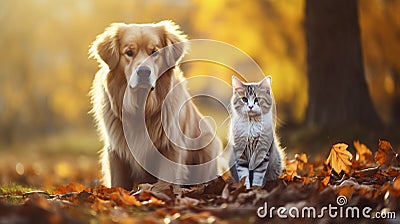 Beautiful cute dog and cat posing in an autumn park. Cute pets posing in an autumn forest. Best friends forever Stock Photo