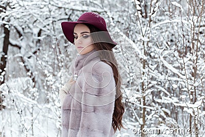 Beautiful cute elegant girl in a fur coat and hat walking in the winter forest bright frosty morning Stock Photo