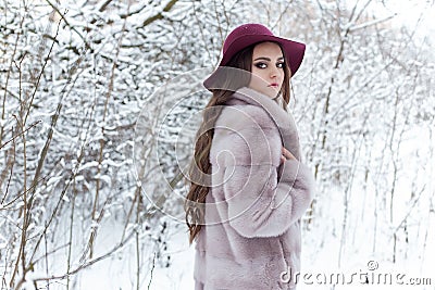 Beautiful cute elegant girl in a fur coat and hat walking in the winter forest bright frosty morning Stock Photo