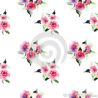 Beautiful cute floral herbal gorgeous magnificent wonderful spring colorful pink and red roses with leaves pattern watercolor Cartoon Illustration