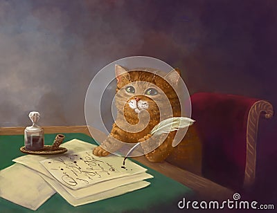 Beautiful cute ginger tabby cat sitting at the table and writing a letter with a pen. painting in the style of the 19th century Stock Photo