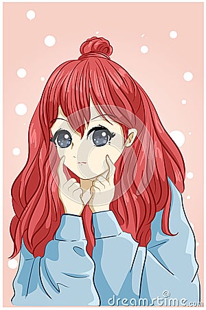 Beautiful and cute girl long red hair with jacket cartoon illustration Vector Illustration