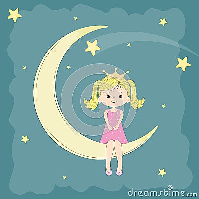 Beautiful cute girl princess sitting on the moon Vector Illustration