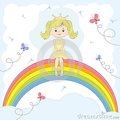 Beautiful cute girl princess sitting on the rainbow Vector Illustration