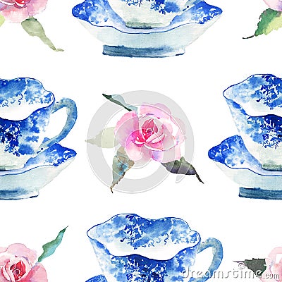 Beautiful cute graphic lovely artistic tender wonderful blue porcelain china tea cups with lovely pink roses flowers pattern water Cartoon Illustration