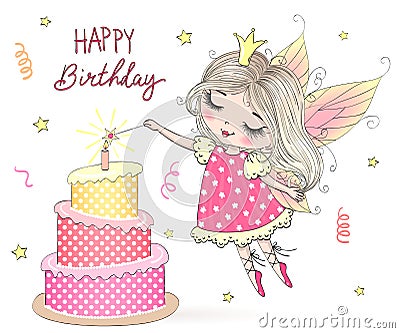 Beautiful, cute, little fairy girl Princess with big cake and inscription Happy Birthday. Vector illustration. Vector Illustration