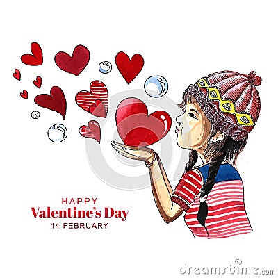 Beautiful cute little kid girl for harts valentines day card background Vector Illustration