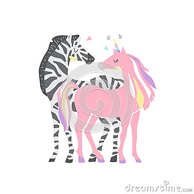 Beautiful cute pink unicorn and zebra. couple of unicorn and zebra in love. isolated image. eps10 Vector Illustration