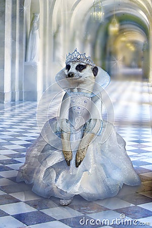 Beautiful cute princess mouse, meerkat in long light blue dress walks through corridors of fabulous palace, fairy godmother of Stock Photo