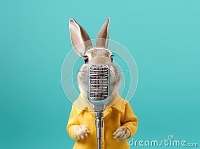 Beautiful Cute Rabbit in Yellow Costume Singing in Microphone extreme closeup. Generative AI Stock Photo