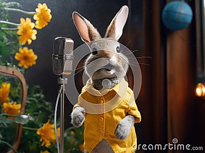 Beautiful Cute Rabbit in Yellow Costume Singing in Microphone extreme closeup. Generative AI Stock Photo