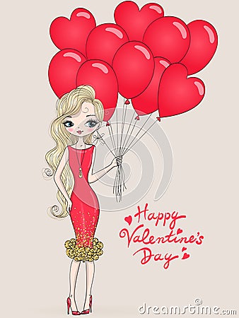 Beautiful, cute, romantic girl in love in a red dress with a balloons heart in the background with the words Happy Valentine`s day Vector Illustration