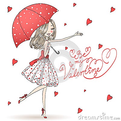 Beautiful, cute, romantic girl in love with umbrella in the background with hearts and words Happy Valentine`s day. Vector Illustration