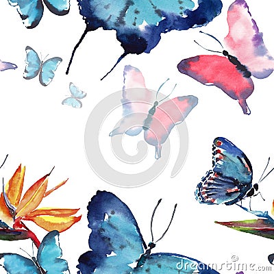 Beautiful cute sophisticated magnificent wonderful tender gentle spring colorful butterflies pattern watercolor Cartoon Illustration