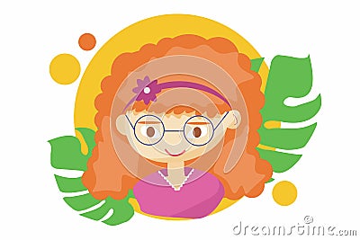 Beautiful cute summer girl - illustration of beautiful red-haired happy girl face, positive face features, teenager winking Vector Illustration