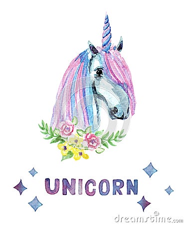 Beautiful, cute, watercolor unicorn head with flowers isolated Stock Photo