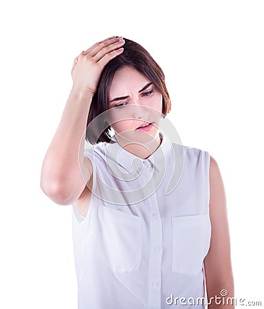 Beautiful, cute and young business lady with a headache, isolated on a white background. Tired and young girl with headache. Stock Photo