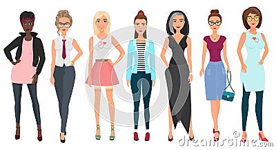Beautiful cute young women in fashion clothes. Detailed girls female characters. Flat style vector illustration. Vector Illustration