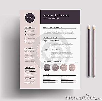 Beautiful CV / Resume template - elegant stylish design - dusty Vector Illustration