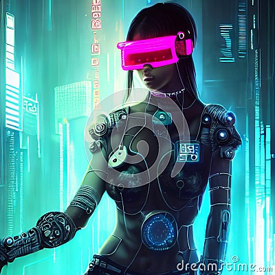 Beautiful cyberpunk woman in neon light. AI Stock Photo