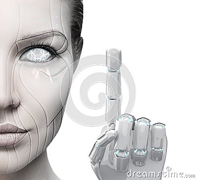 Beautiful cyborg woman shows finger. Stock Photo