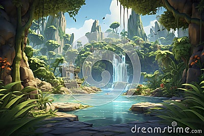 Beautiful 3D abstract tropical jungle waterfall background environment for adventure or battle mobile game. Stock Photo